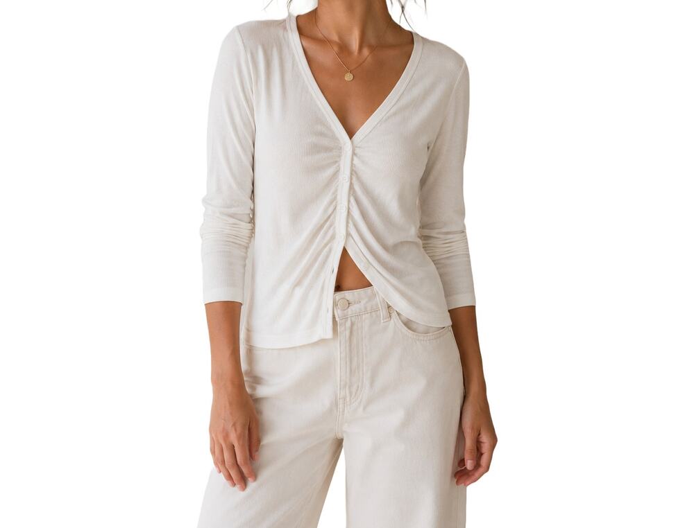 Gap Cream Ribbed V Neck Henley Long Sleeve Top Button Front Size M